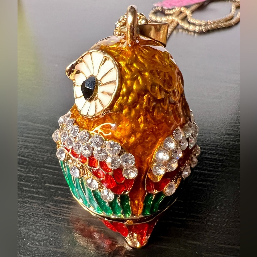 🦉 NWT! Owl Rhinestone & Enamel Necklace - Picture 3 of 9